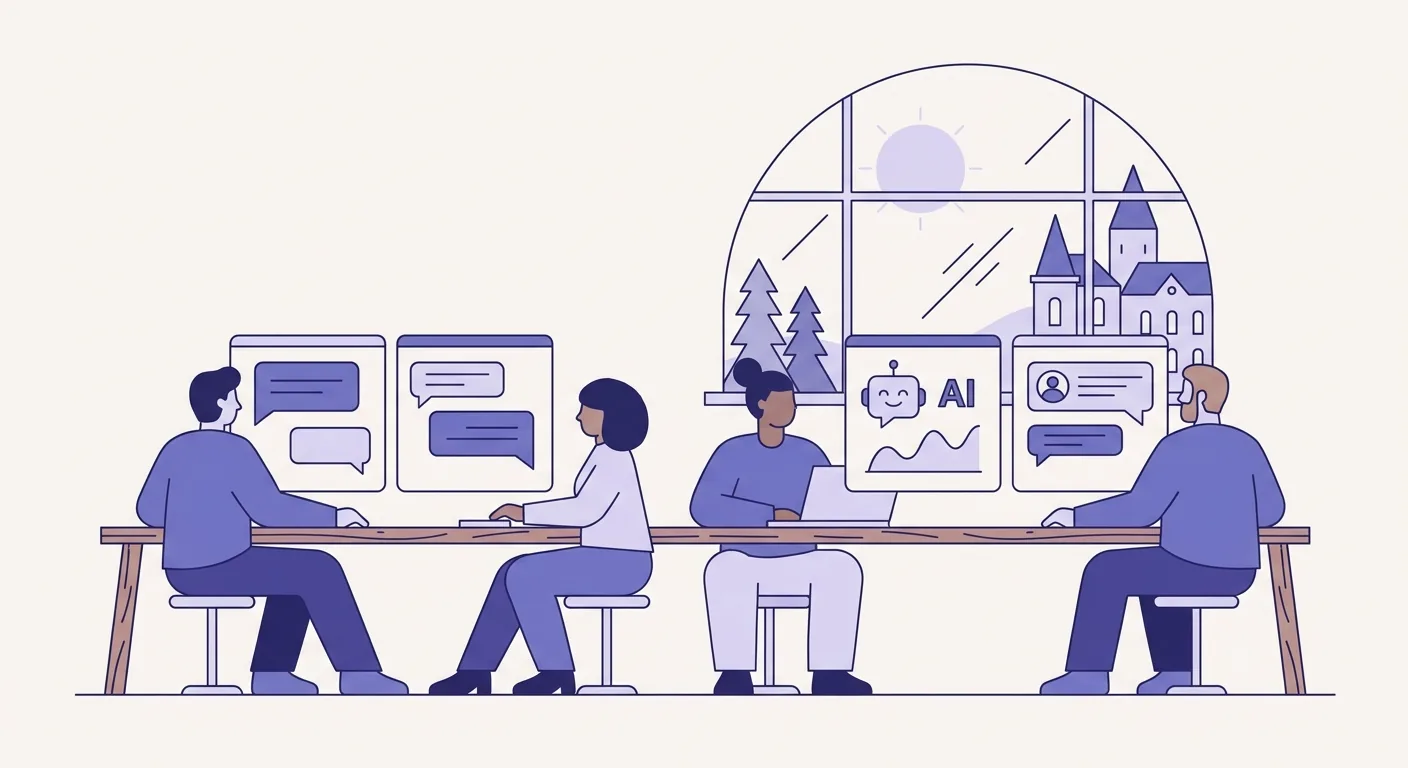 An office in Helsinki with a customer service team utilizing a dual-monitor setup showing an AI chatbot interface helping customers in real-time